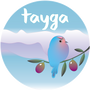 Tayga logo with a bird perched on an olive tree branch against a backdrop of mountains.